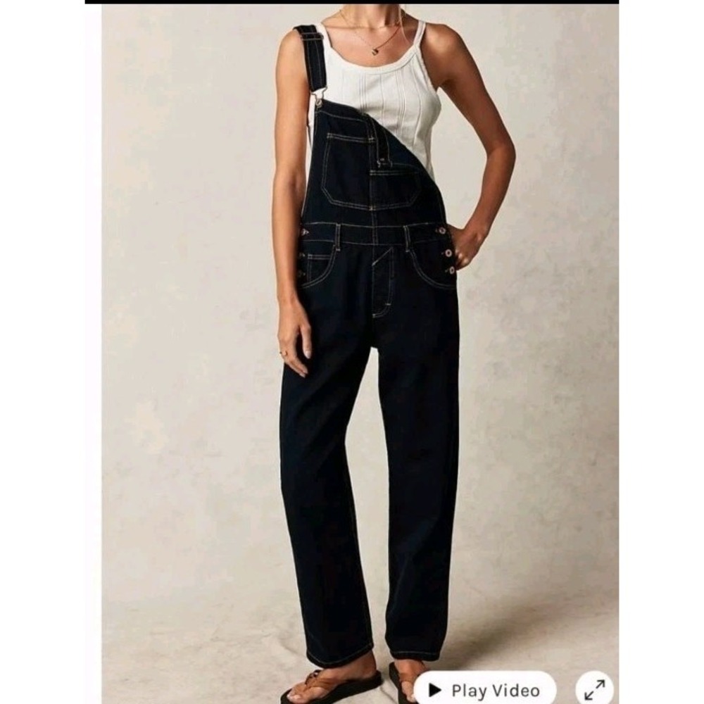 Free People We The Free Ziggy Denim Straight Leg Overalls Pants Sz XS Dark Wash
